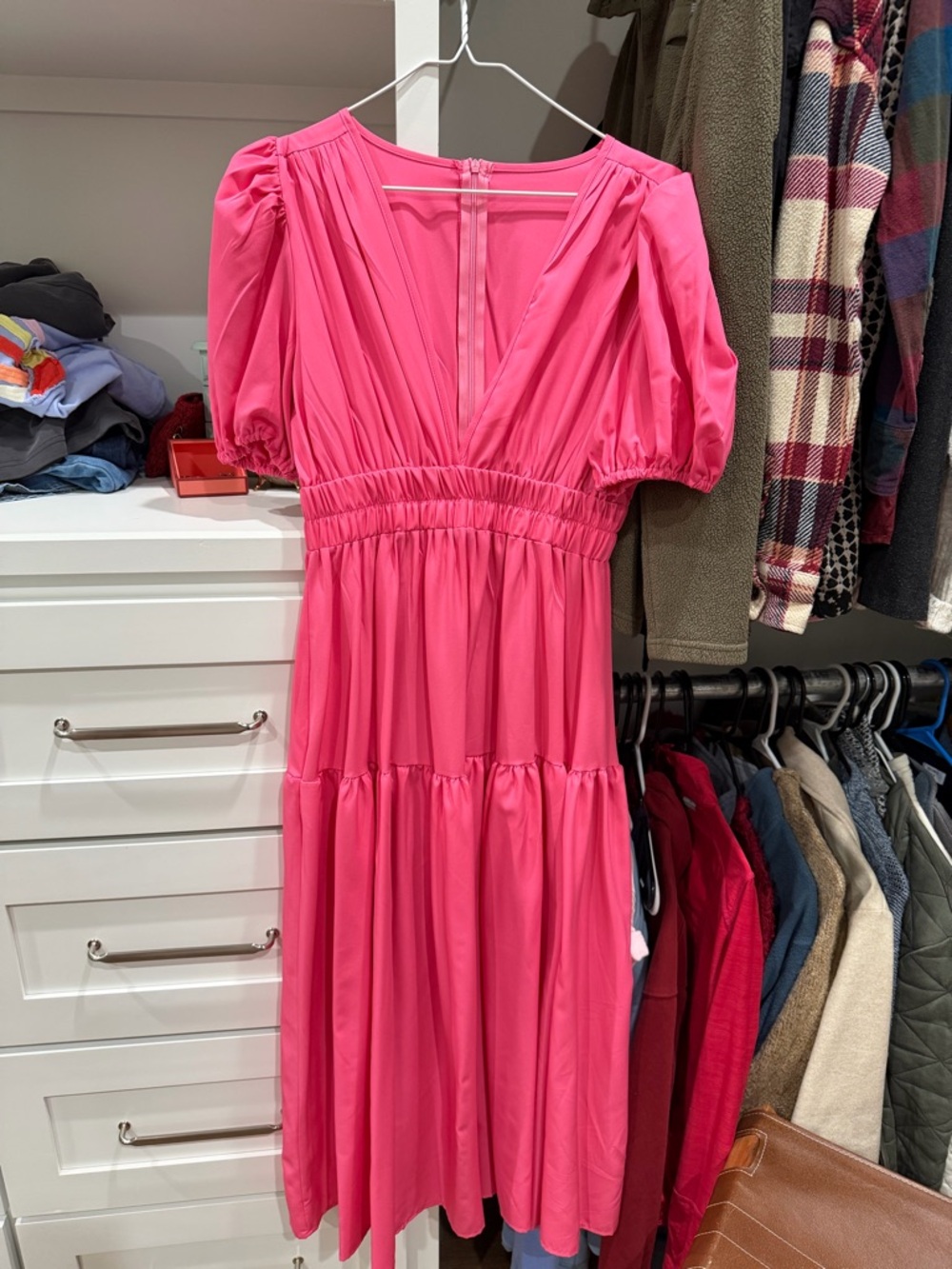 Pink V-Neck Tiered Midi Dress